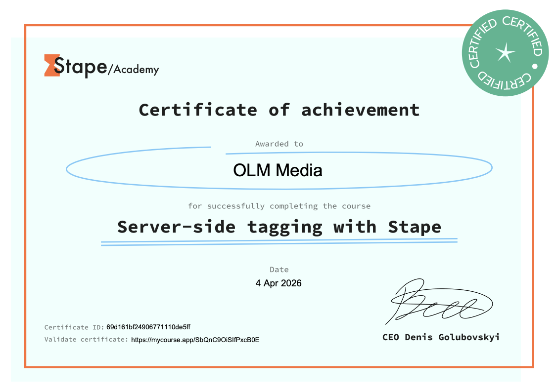 Stape Server-Side Tagging Certification , OLM Media