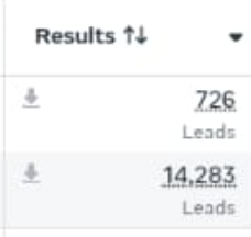 Meta Ads Manager showing 14,283 leads and 726 from a single campaign
